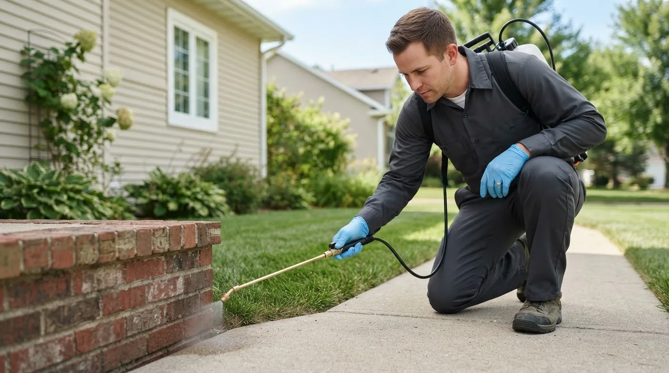 Pest control technician treating a home near Jarales, NM